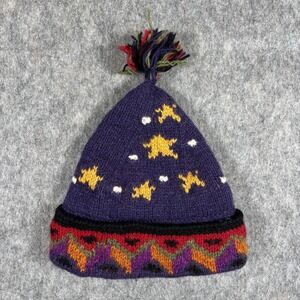 Newari Icelandic Designs 100% Wool Beanie Hat Purple Nepal Stars Ski Snow Small